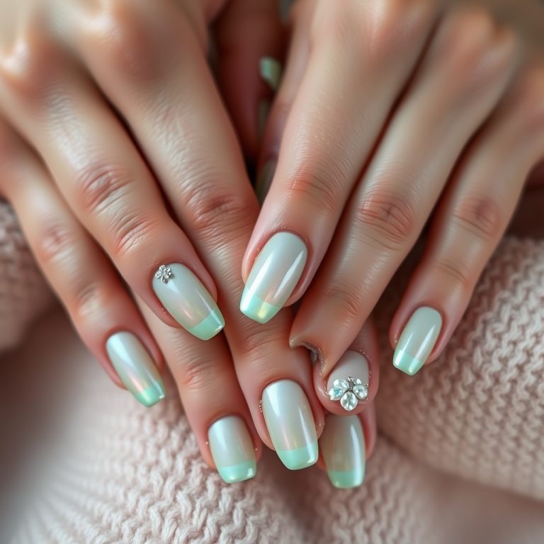 The Enchanting Harmony of Sweetpea Green and Pearl Sheen: A Modern Nail Art Sonata